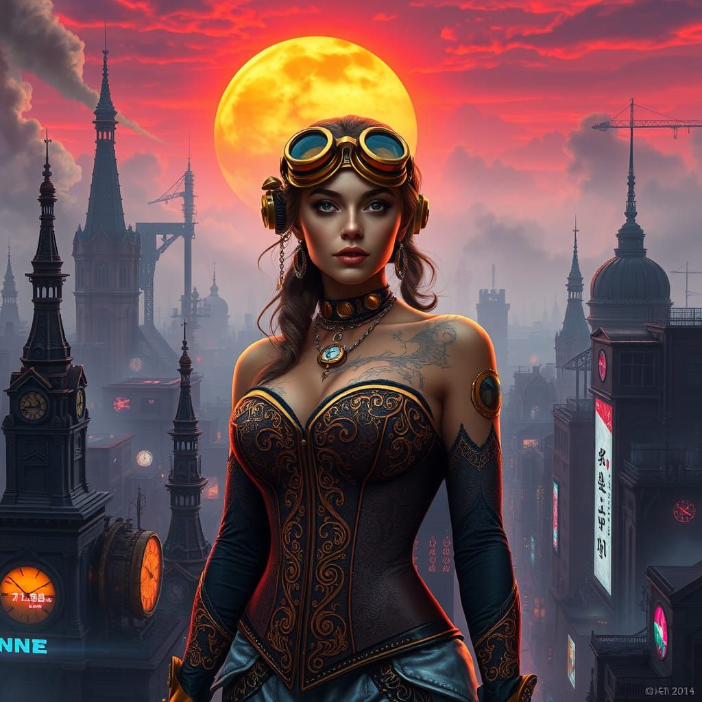 Elegant Steampunk Woman in Magical Cityscape