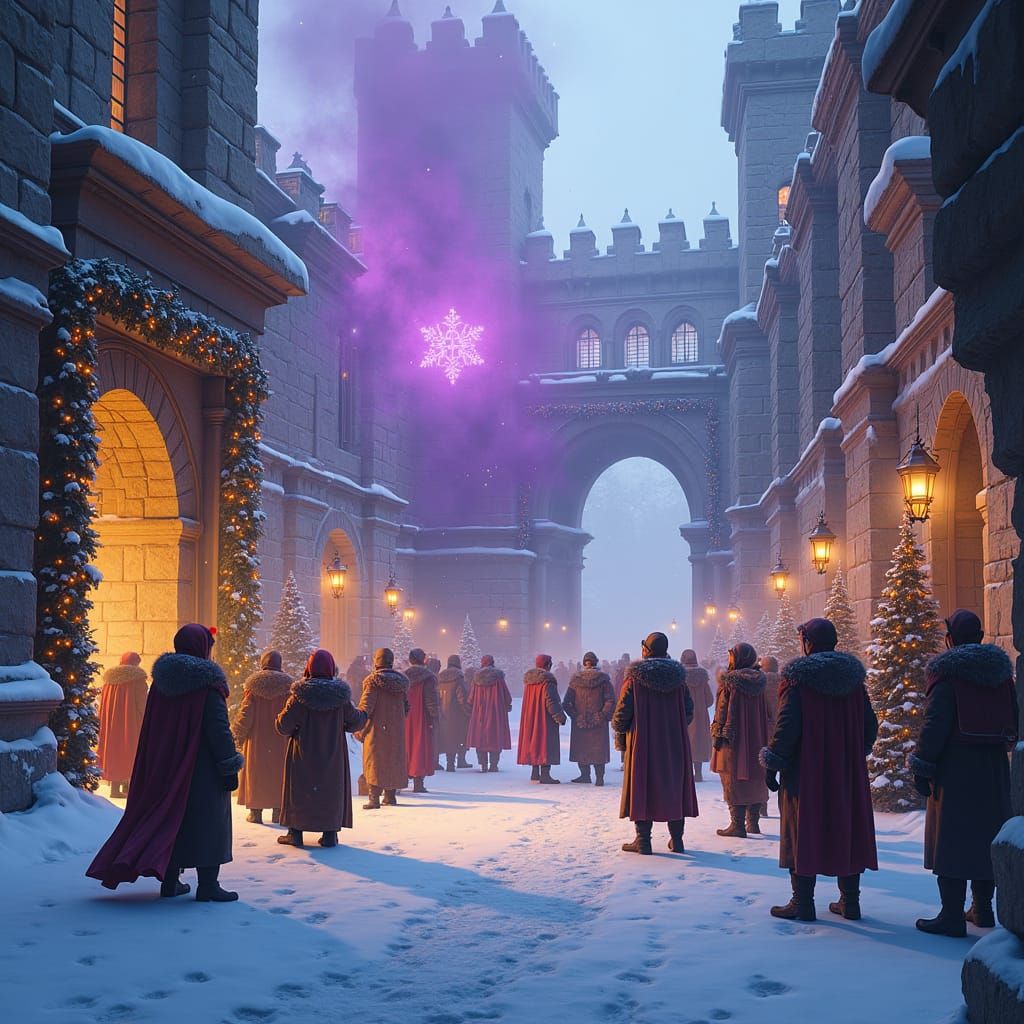 Winter Adventurers in a Majestic Castle Courtyard
