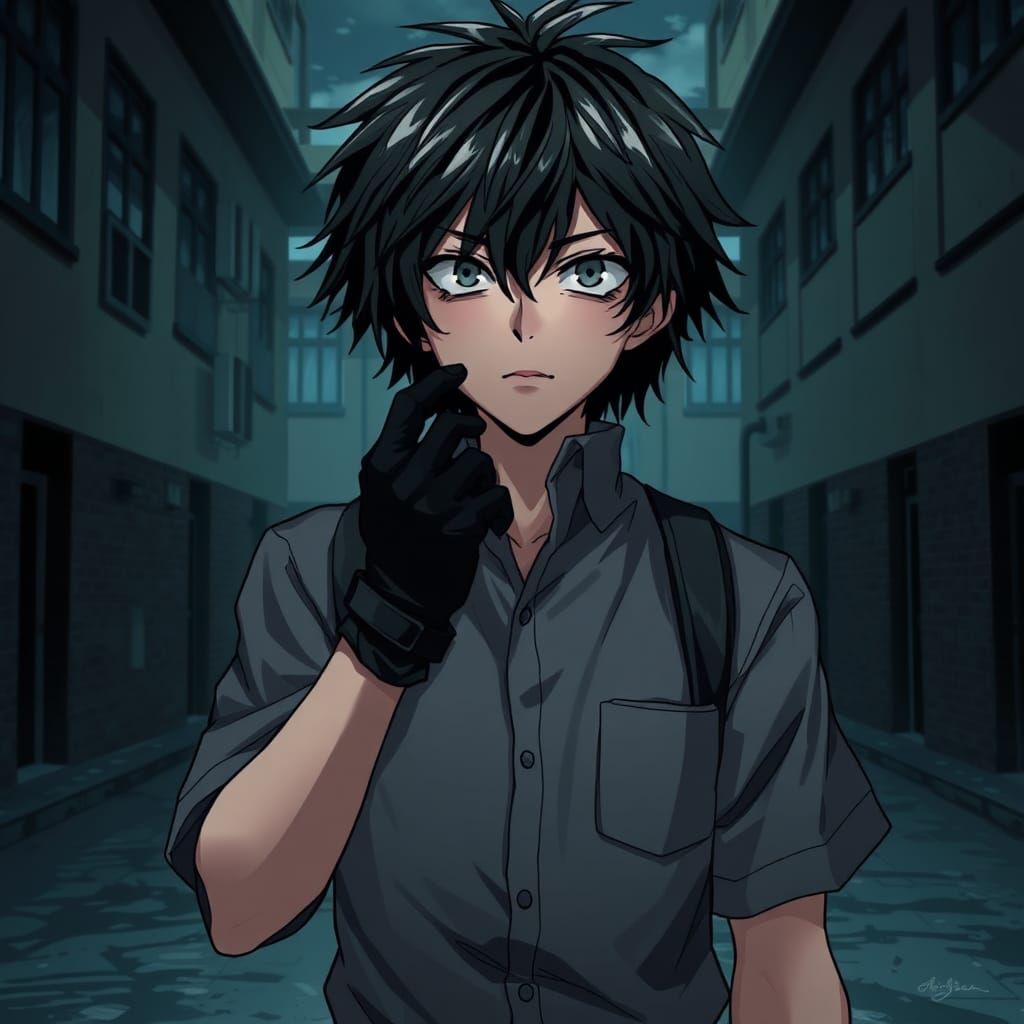 Brooding Anime Boy in School Courtyard, Manga Style