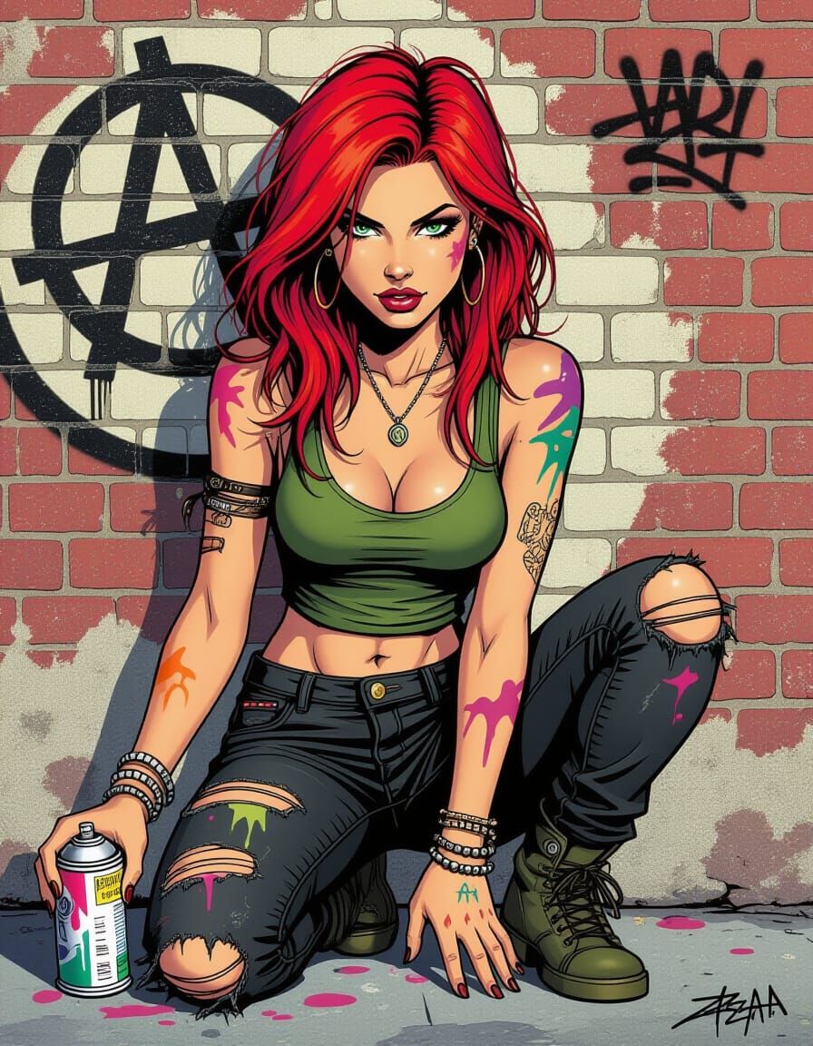 Punk Woman Spray Painting Graffiti in Comic Book Style