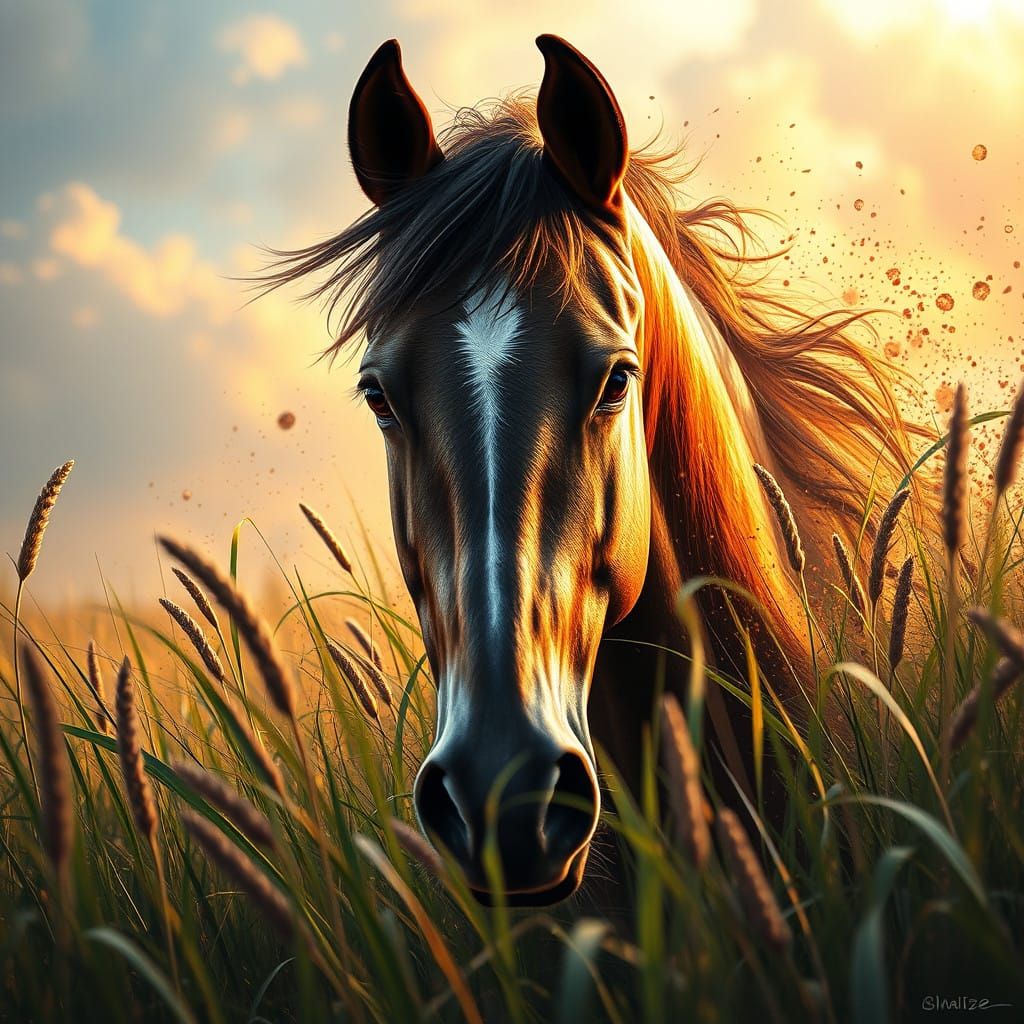 Vibrant Horse Amidst Verdant Grasslands in Hyperrealistic Ar...