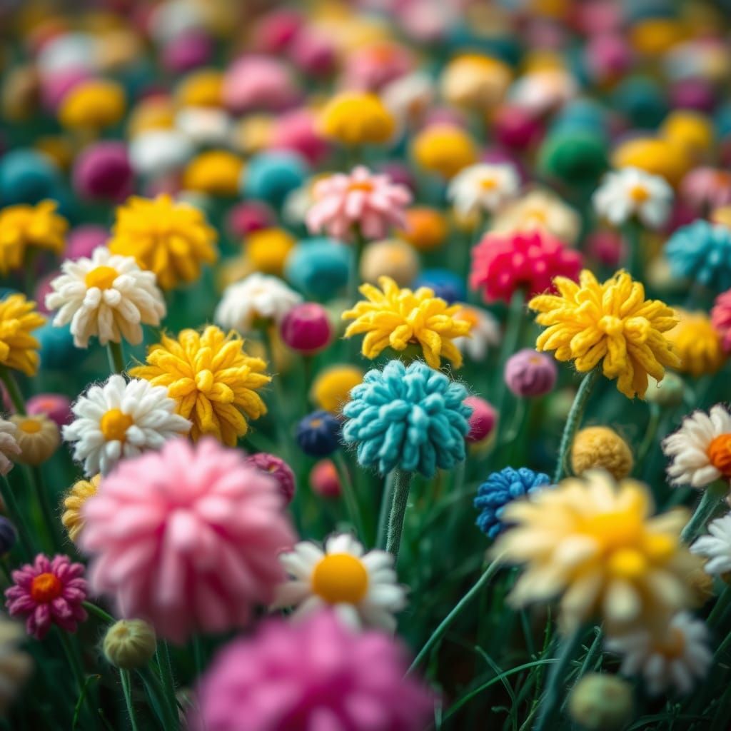 Surreal Knitted Pom Pom Flower Field, Macro Photography