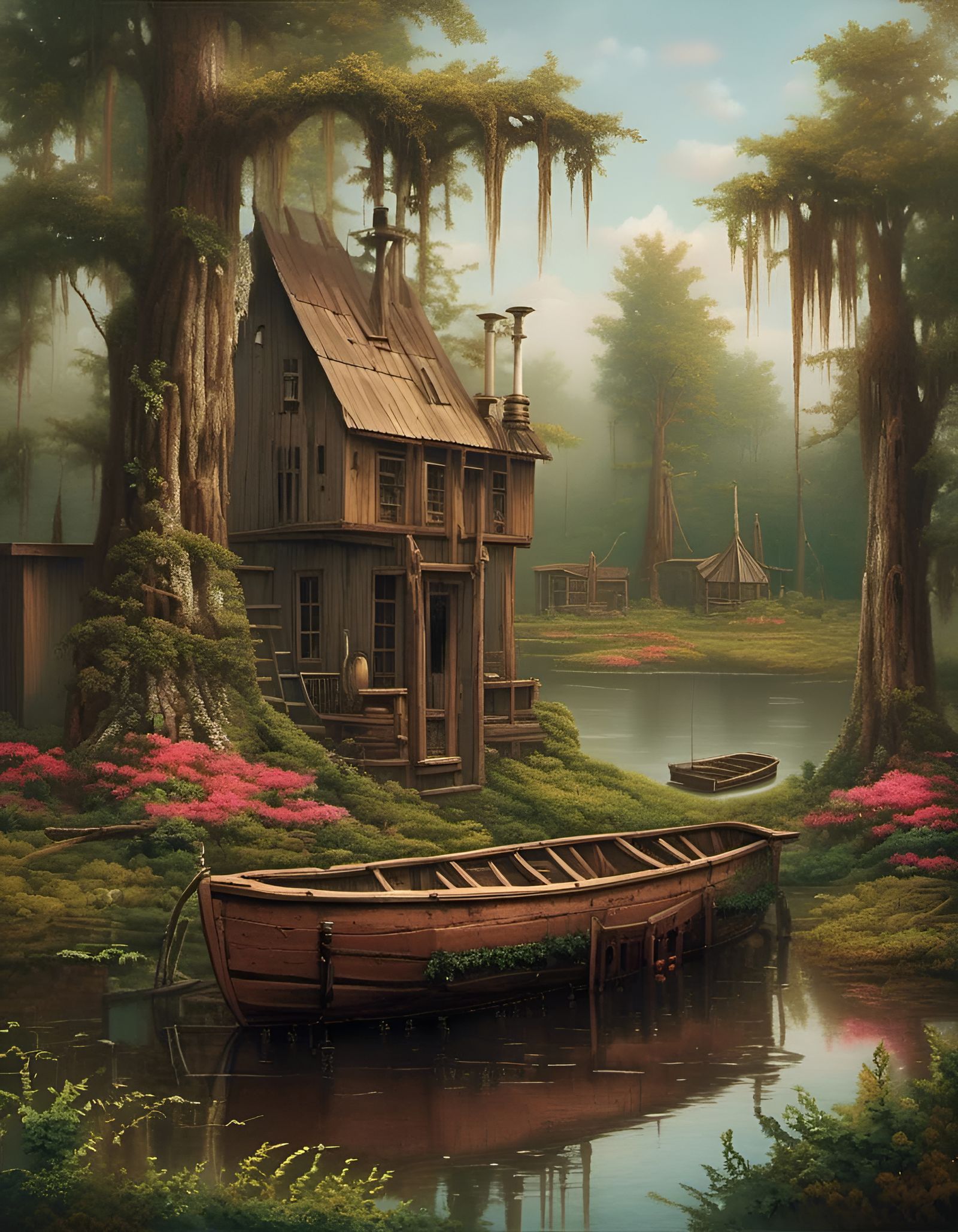 Eerie Moonshine Still in Misty Cypress Swamp