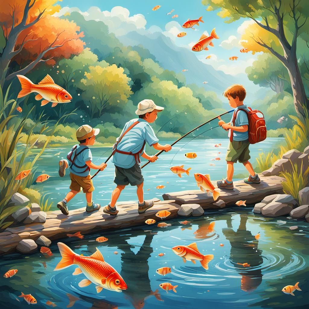 Colorful Children Fishing with Grandfather: Gouache Illustra...