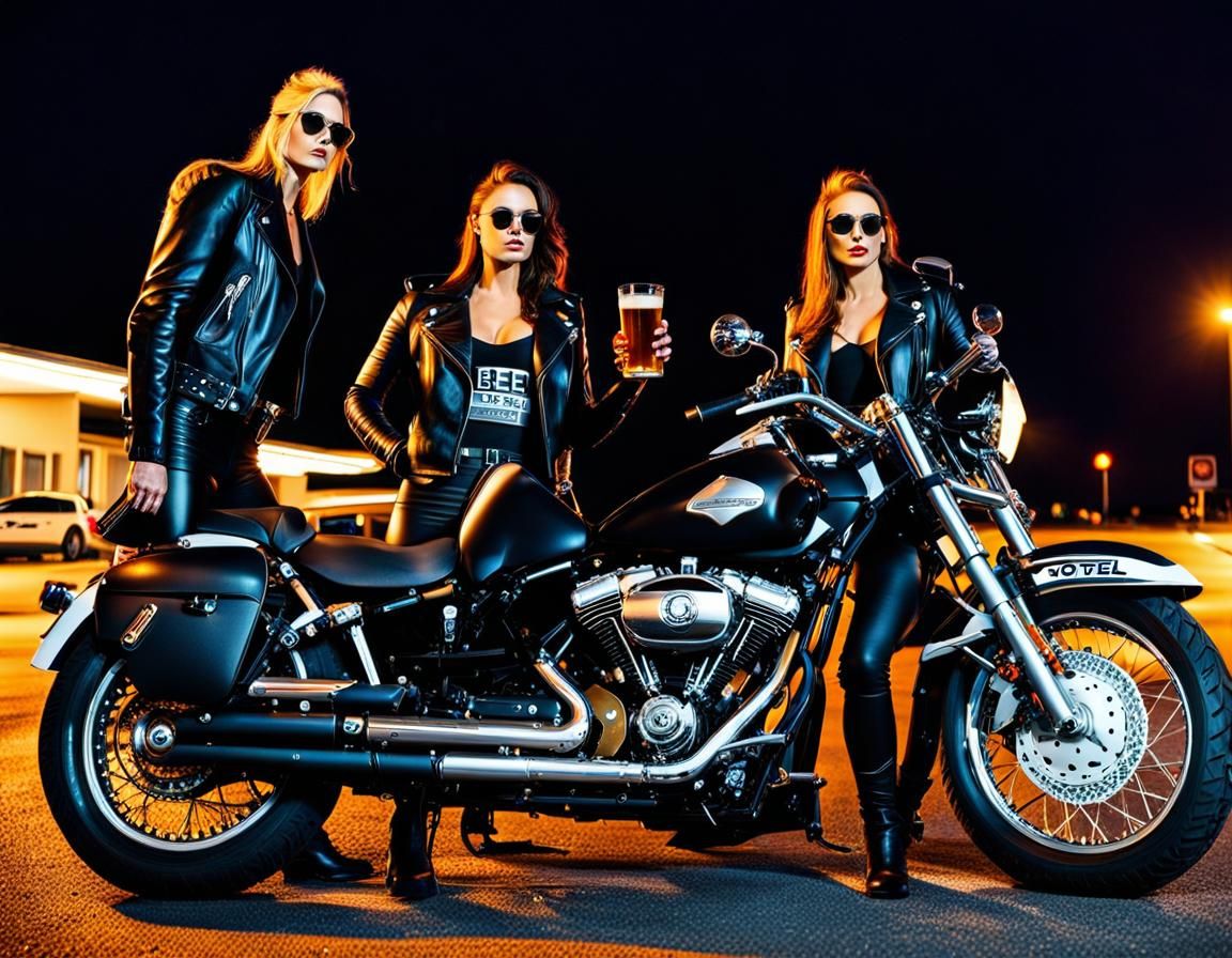 Motorcycle Riders at Night Under Neon Lights