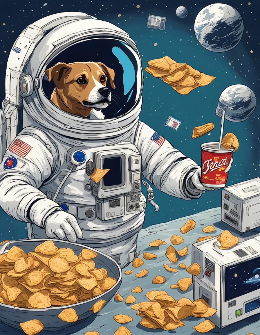 Astronaut and Pets Floating in Space
