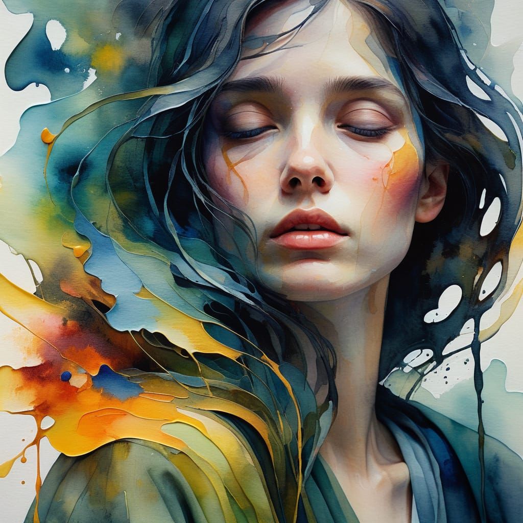 Abstract Oil Painting of Woman Dissolving into Color