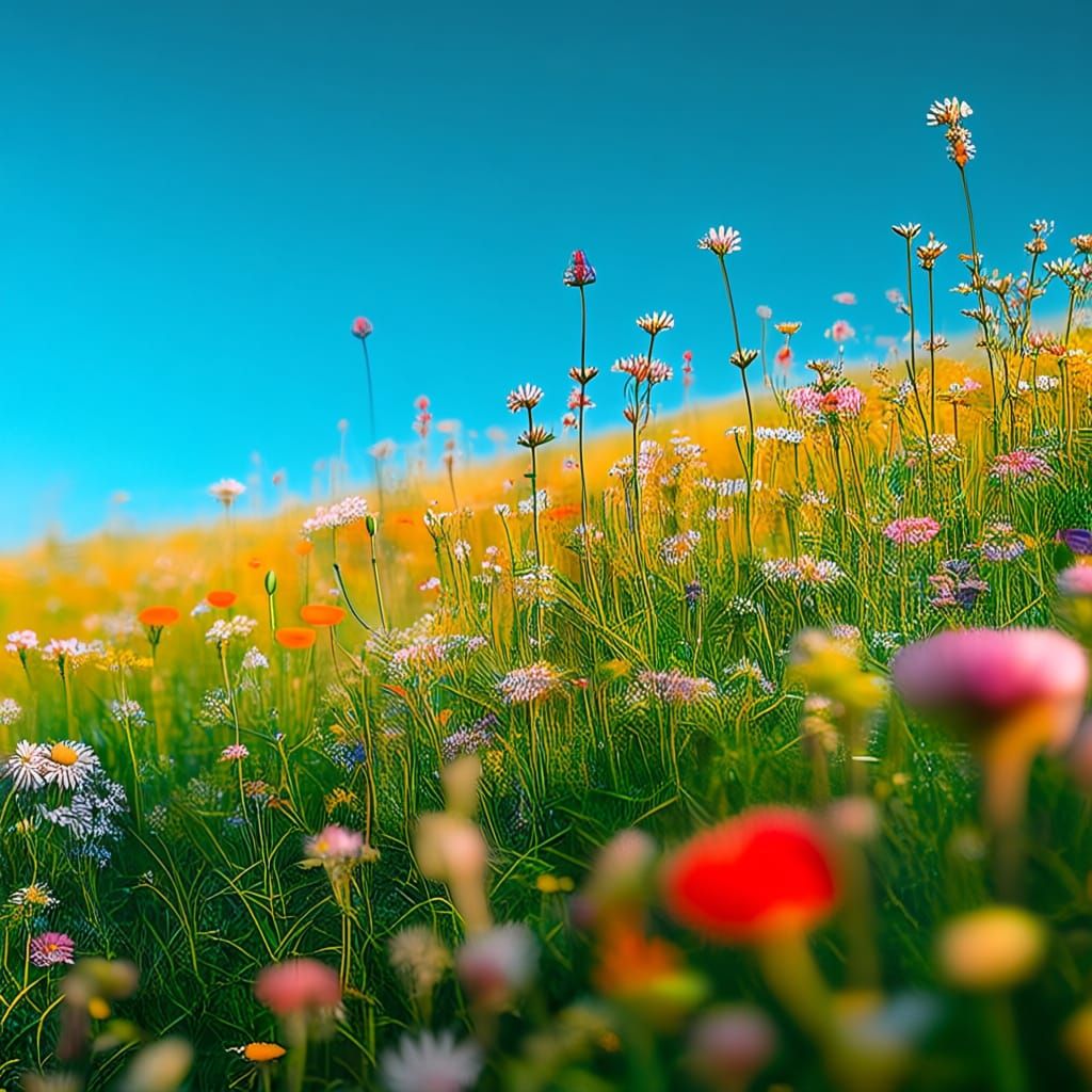 Vibrant Wildflower Meadow Under Bright Blue Sky