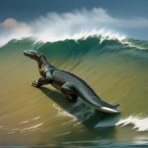 Komodo Dragon Surfing a Wave on Koa Surfboard