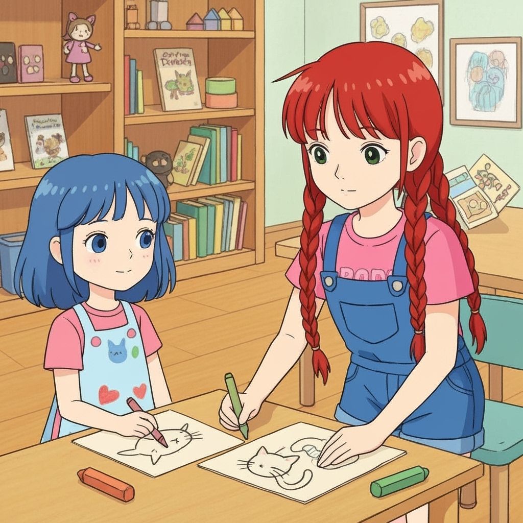 Children's Drawing of Girls Creating Art