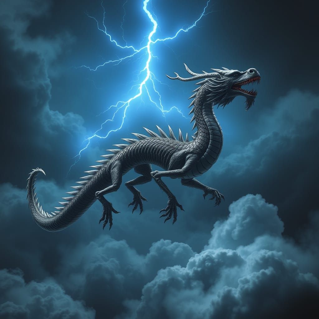 Majestic Serpentine Dragon Soars Through Turbulent Stormy Sk...
