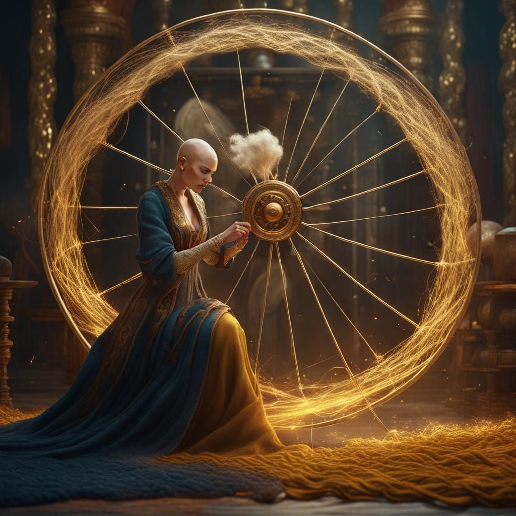 Majestic Woman Spinning Golden Thread in Matte Painting