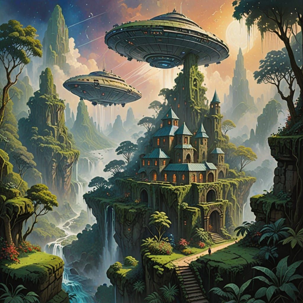 Ethereal Fantasy Ship Descends Upon Ruins in Hyperdetailed G...