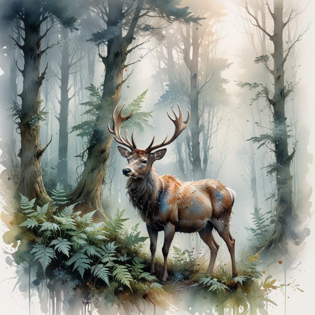 Stag in Foggy Forest in Watercolour Style