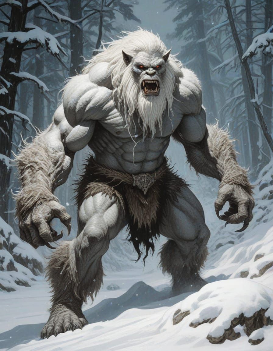 Albino Bugbear Yeti Giant in Boreal Snow
