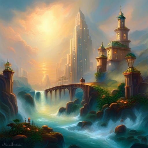 Fantasy Cityscape with Majestic Lighting in Cell-Shading
