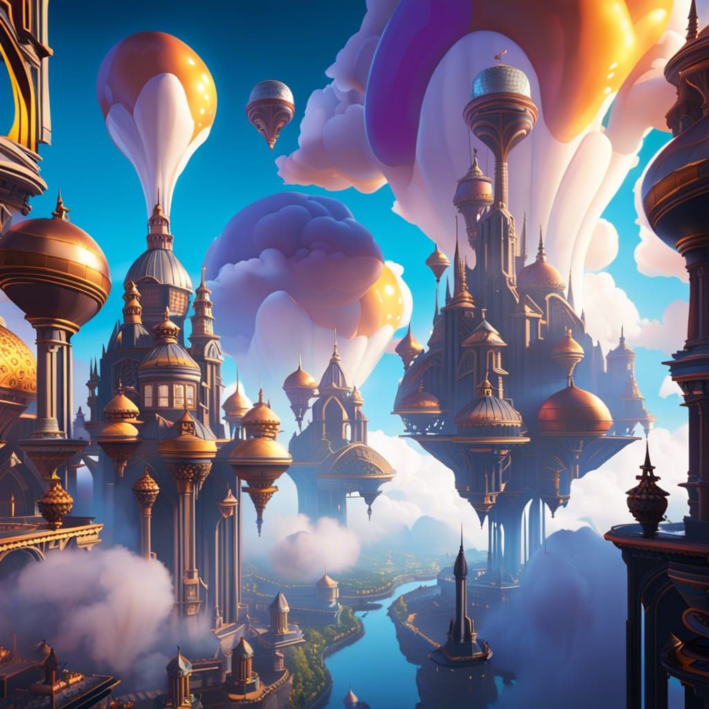 Sci-Fi City in Clouds: Fantasy Art in Baroque Style