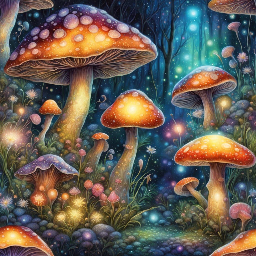 Glowing Iridescent Mushrooms in Fantasy Landscape