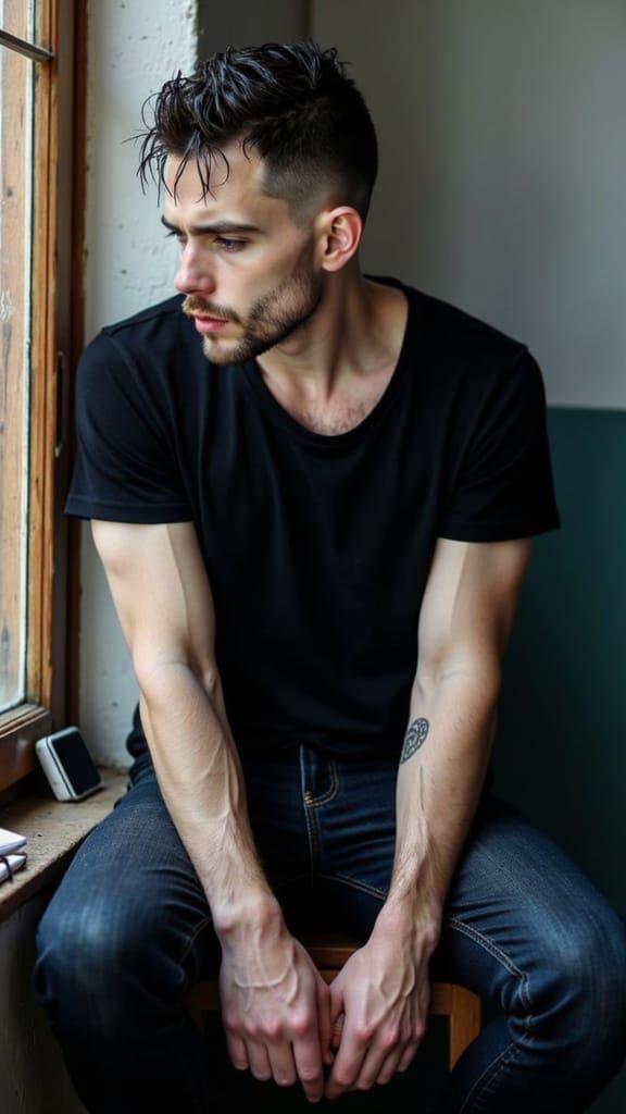 Man Sits Reflectively by Window in Natural Light