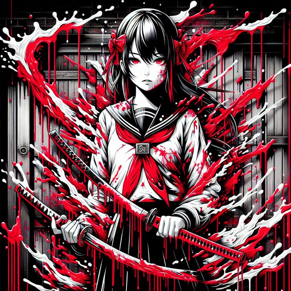 Japanese Student with Katana in Trash Polka Style