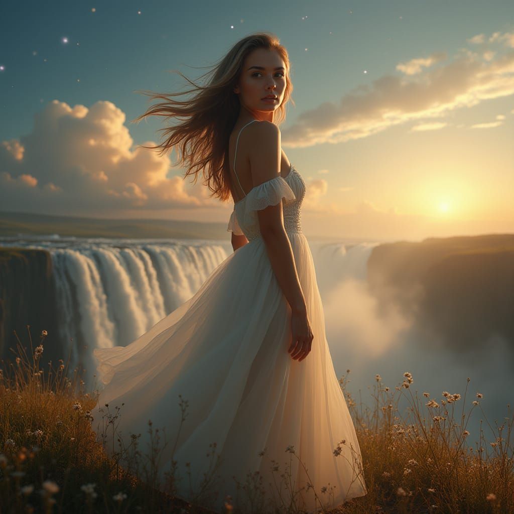 Intense Woman Poses Amidst Billowing Clouds and Stars