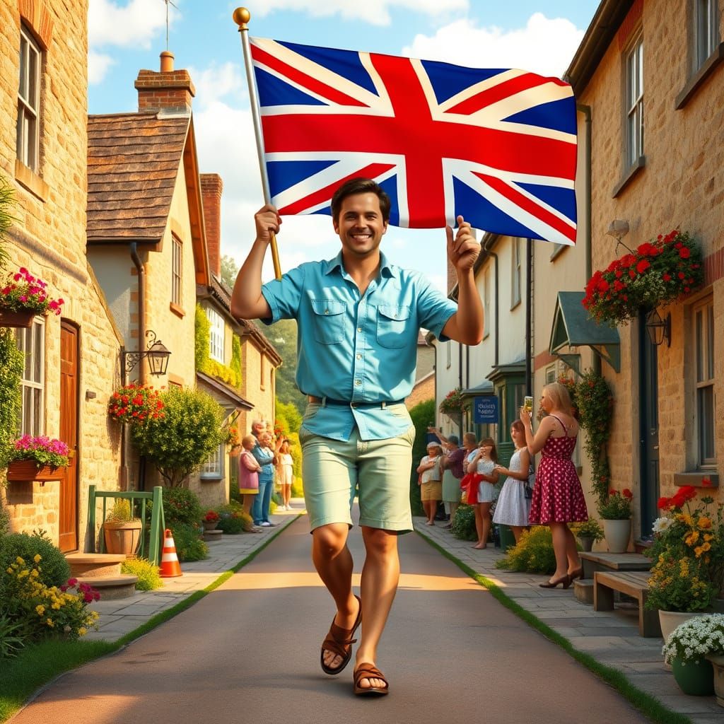 Village Scene with Man Waving Union Jack Flag