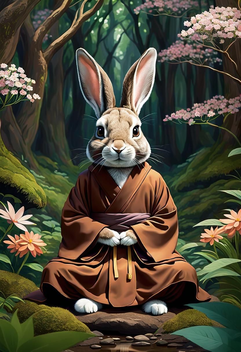 Meditating Rabbit in Magical Forest