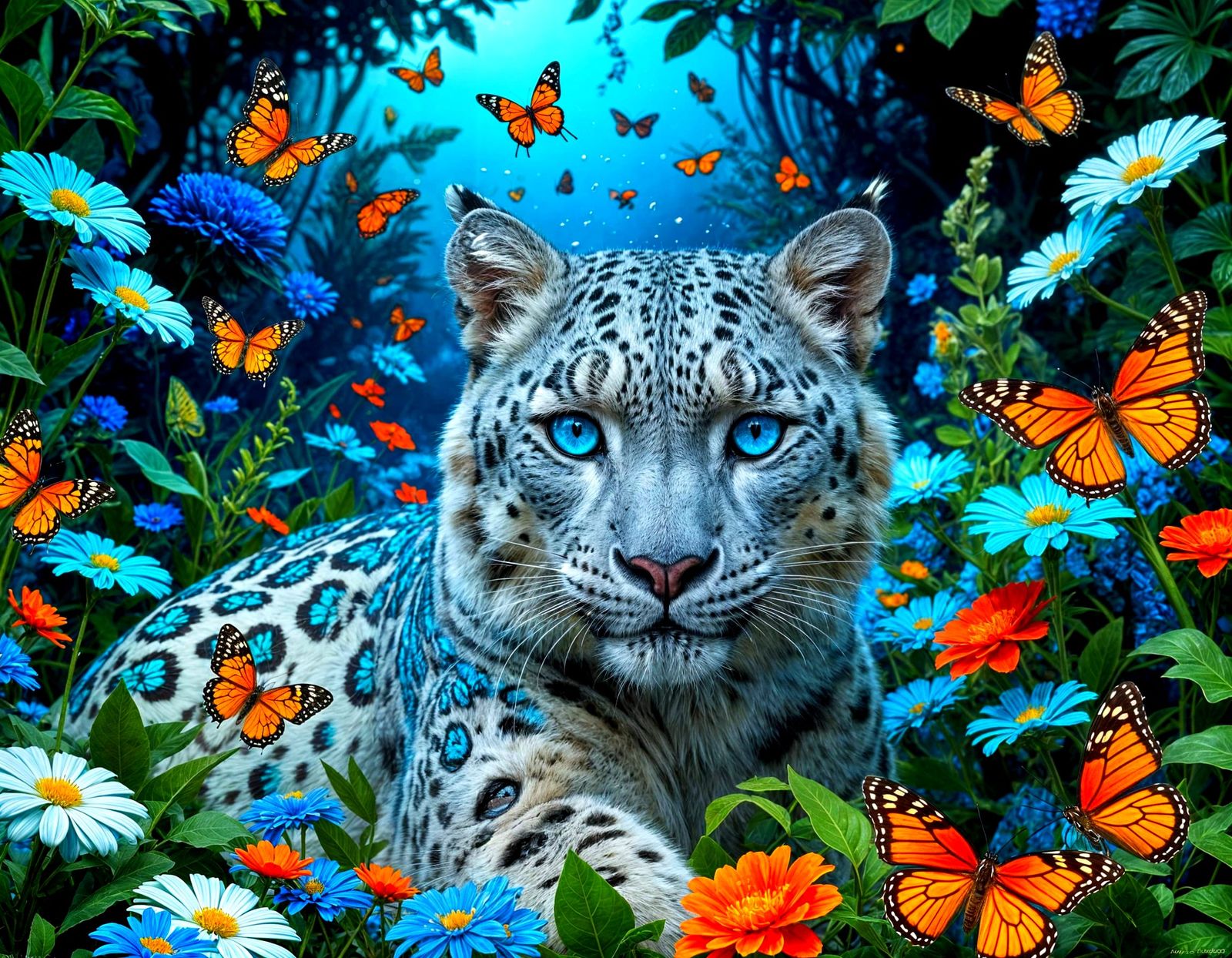 Whimsical Blue Spotted Butterflies in an Underwater Floral D...