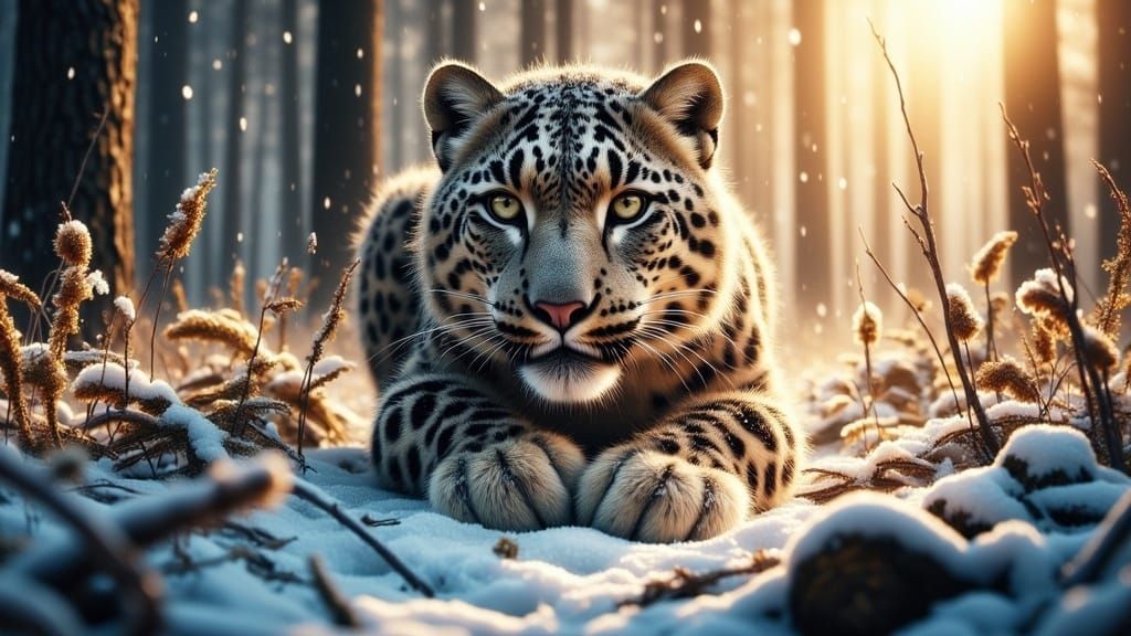 Snow Leopard in Intense Focus, Serene Winter Forest