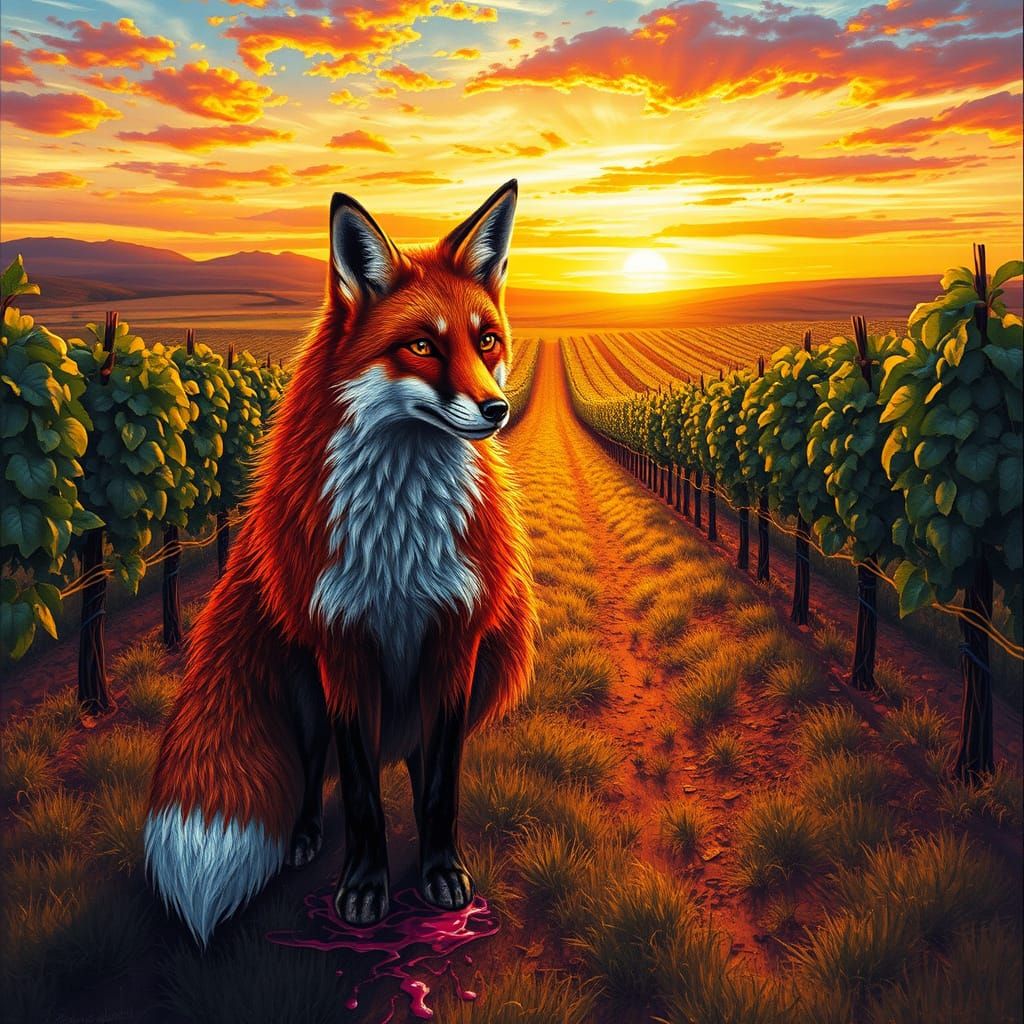 Liquid Paint Fox in Sunset Vineyard