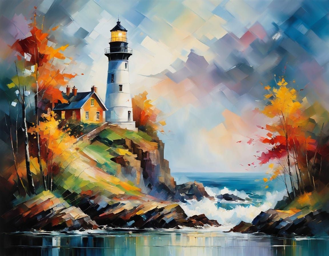 Gouache Impression of a Lighthouse on a Craggy Point