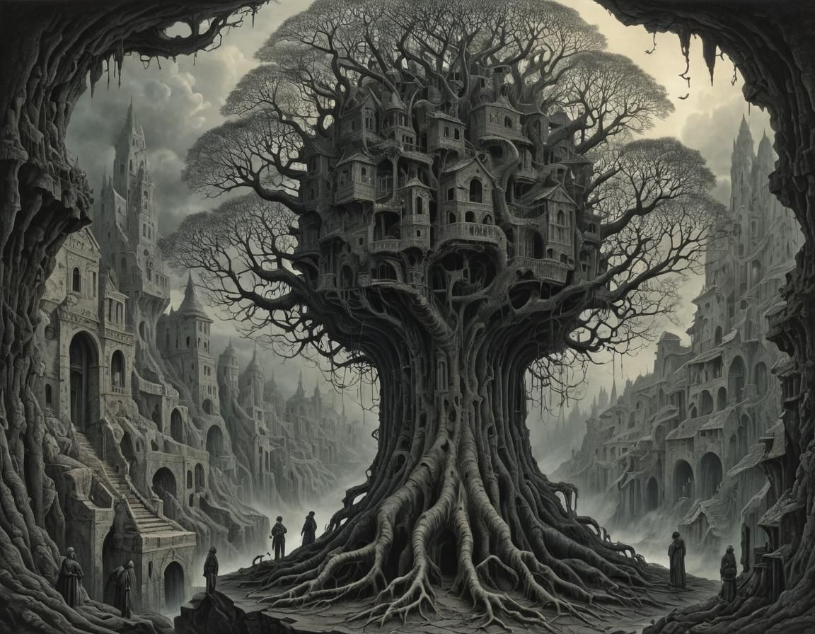 Surreal Tree Structure in Dreamlike Landscape