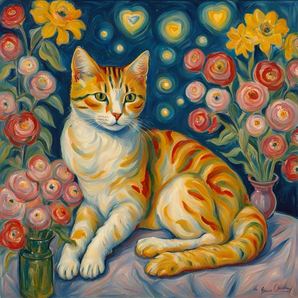 Abstract Cat Surrounded by Flowers, Expressive Painting