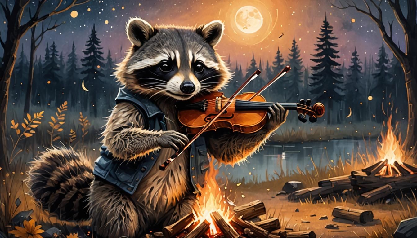 Raccoon Violinist Serenades Under the Stars