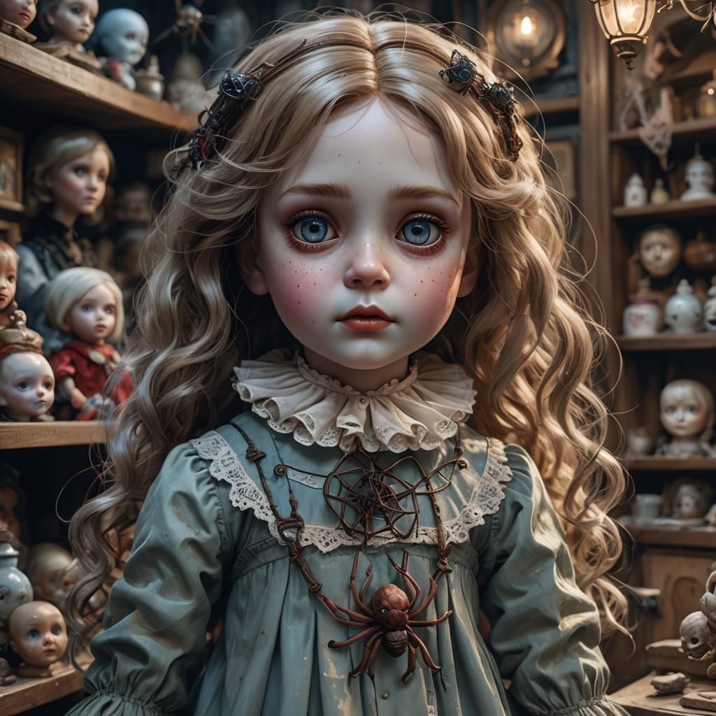 Eerie Porcelain Doll in Spooky Toy Shop