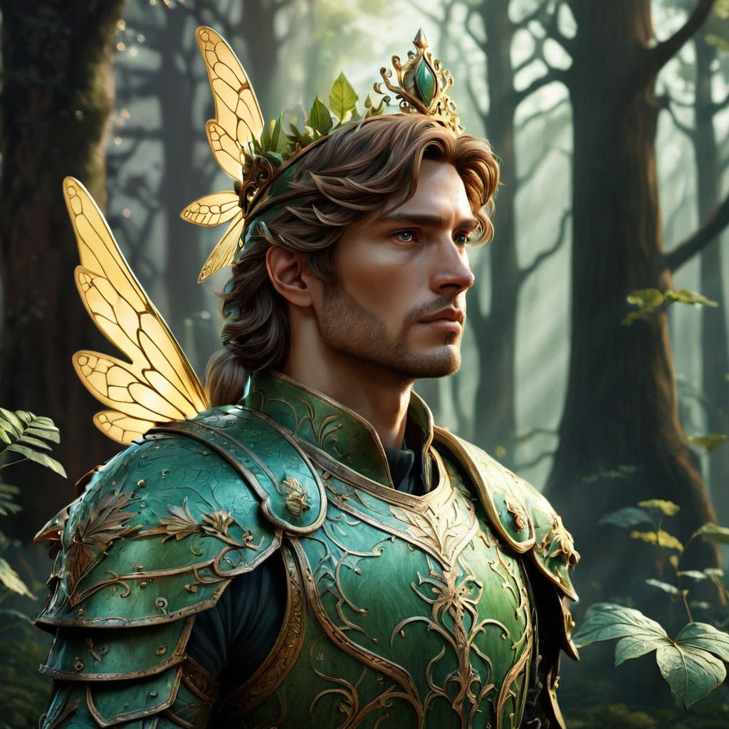 Ethereal Prince in Wood Crown Armor with Delicate Fairy Wing...