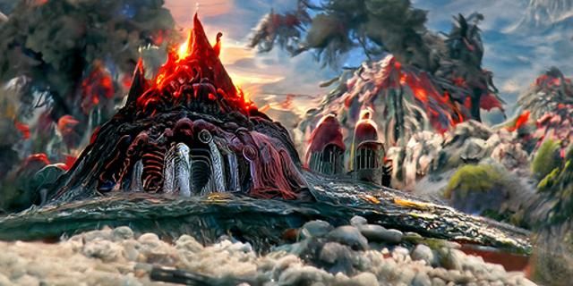 Volcanic Fantasy Mansion Inspired by Ghibli and Kinkade