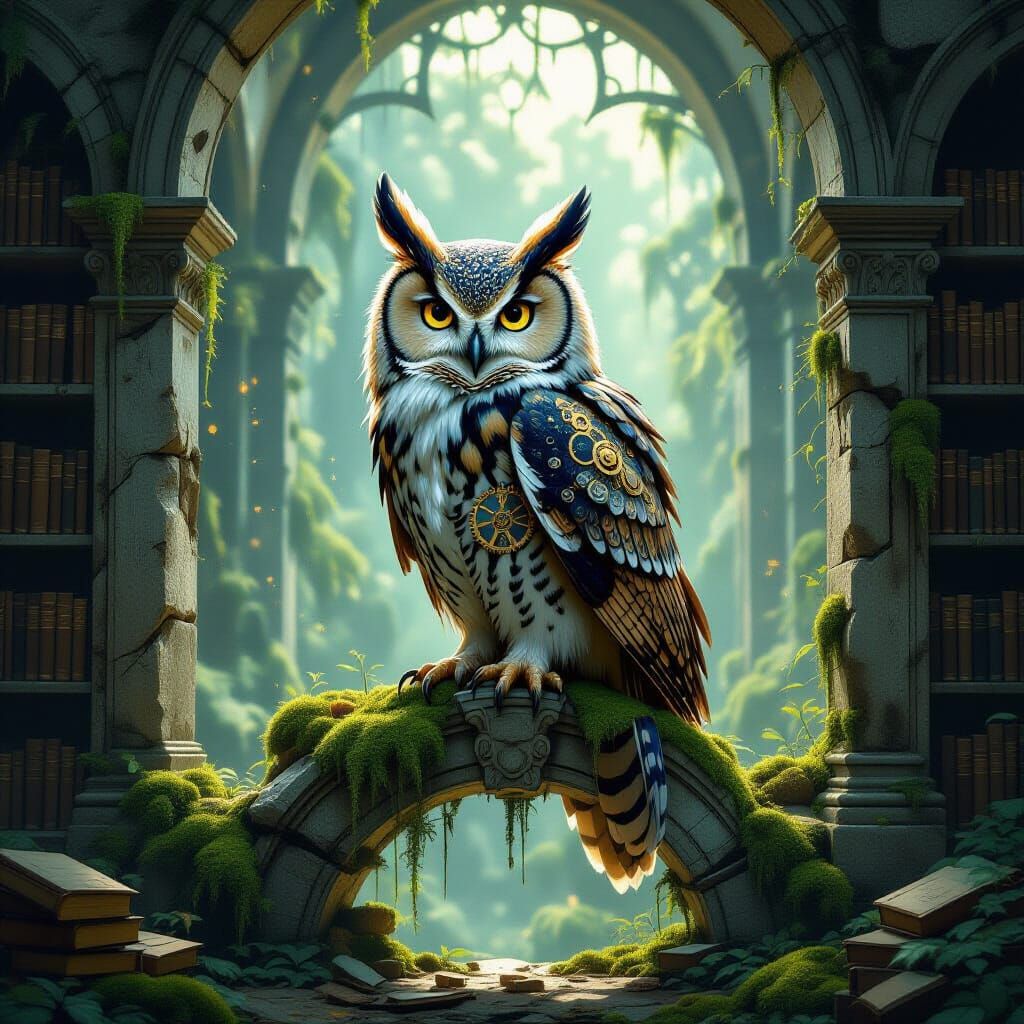 Clockwork Owl Girl on Mossy Archway in Ancient Library