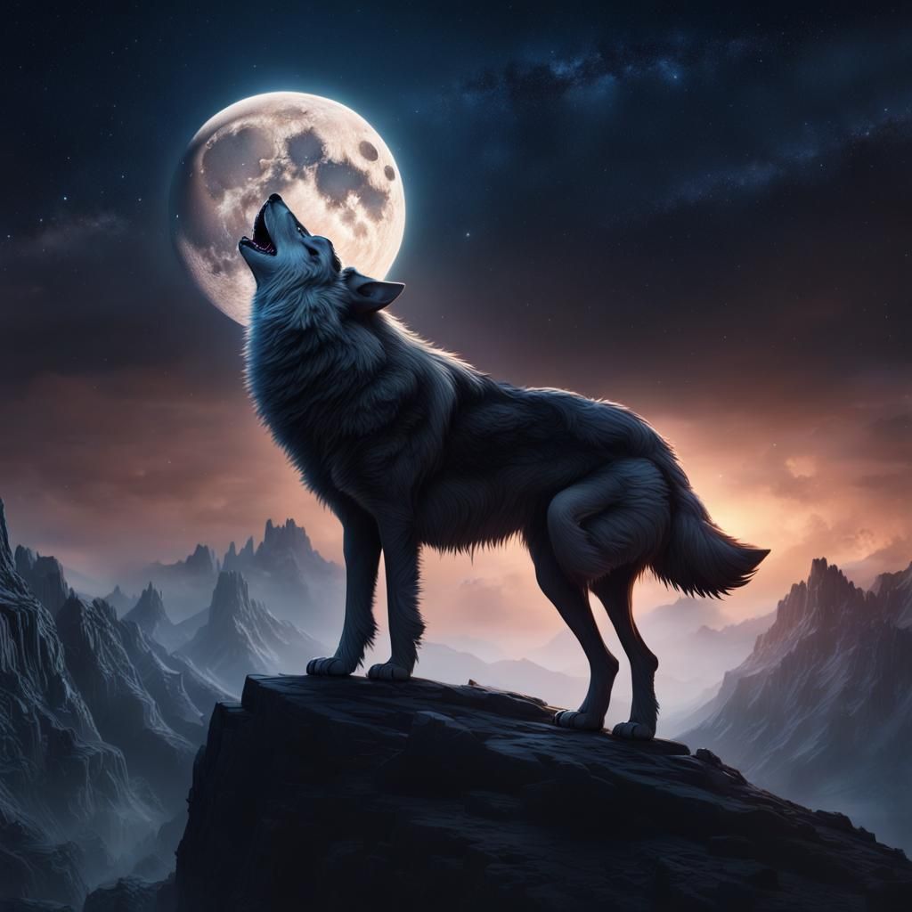 Wolf Howling at Moon Under Starry Night Sky
