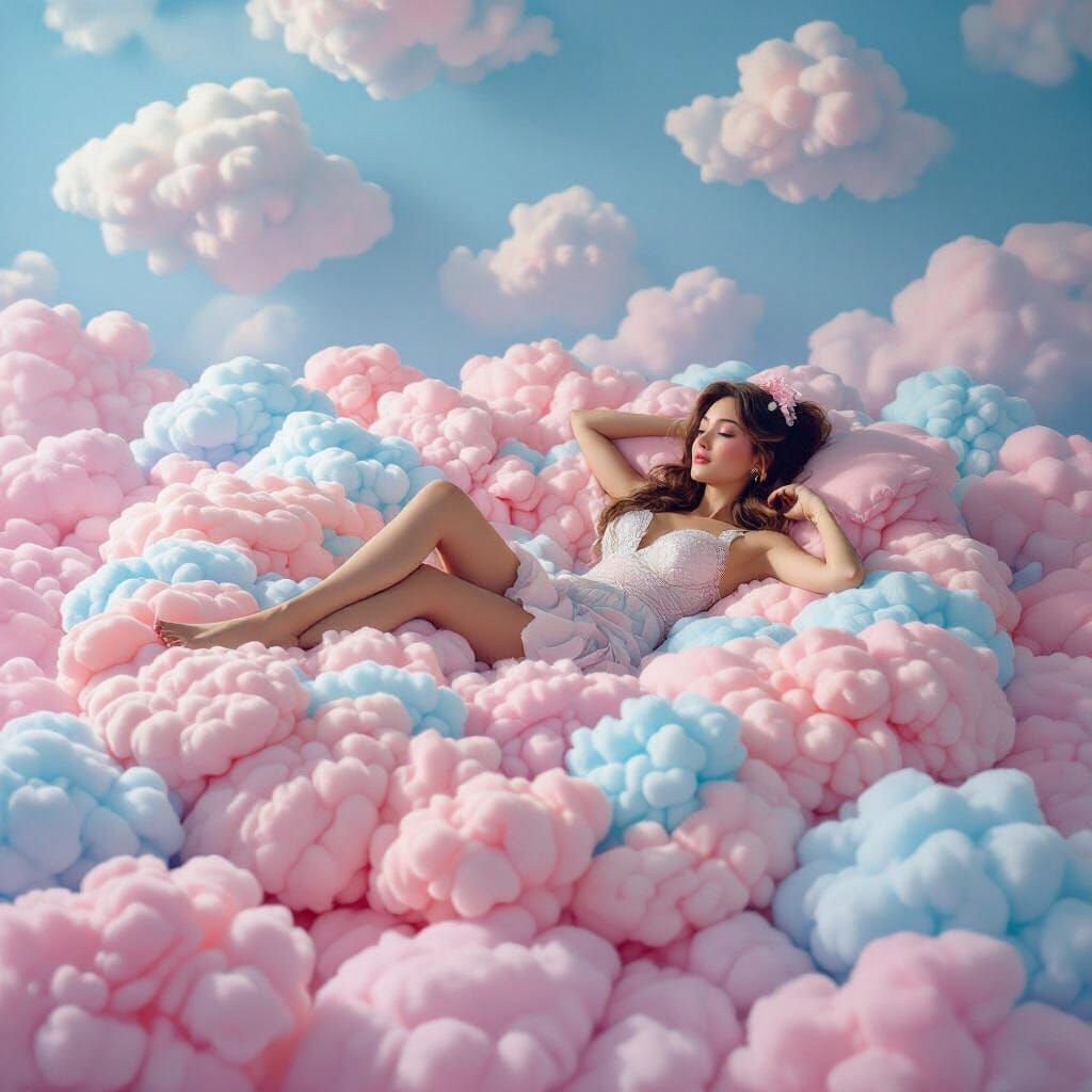 Woman Lounging on Cotton Candy Bed