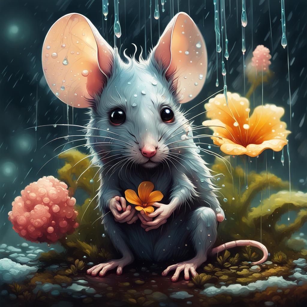 Adorable Mouse Under Flower: Detailed Digital Art
