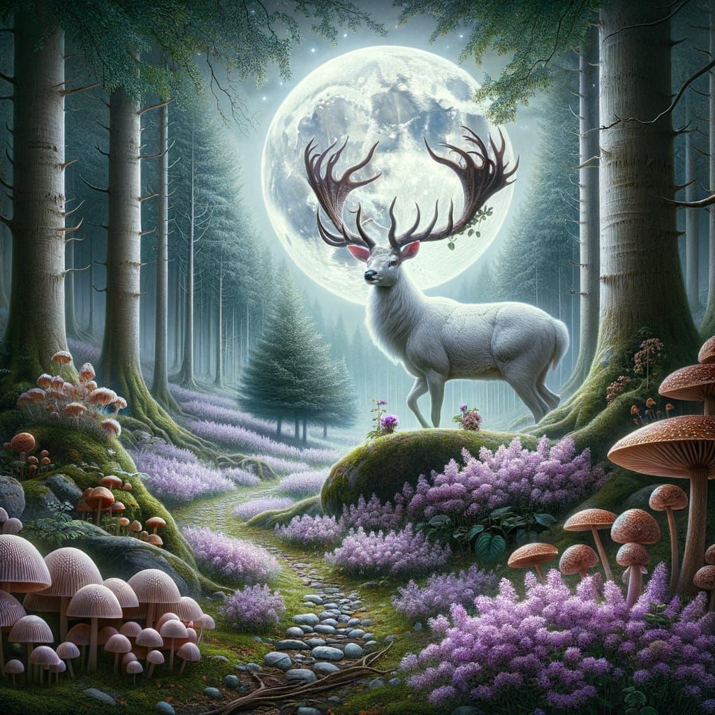 Mystical White Stag in Moonlit Forest