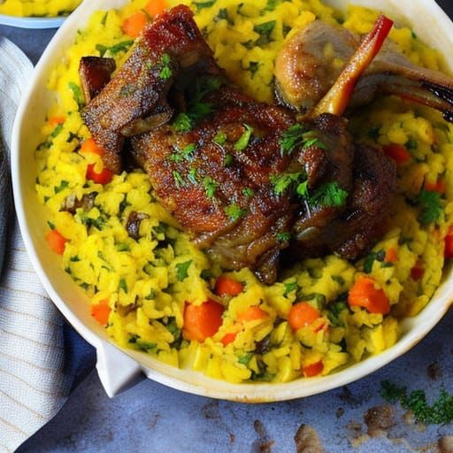 Juicy Lamb Shank with Rice Pilaf and Vegetables