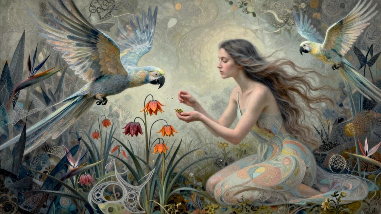 Woman Tending to Parrots Amidst Ethereal Flora