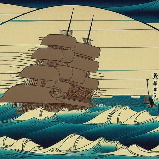 VOC Ship vs. Oil Refinery in Ukiyo-e Style