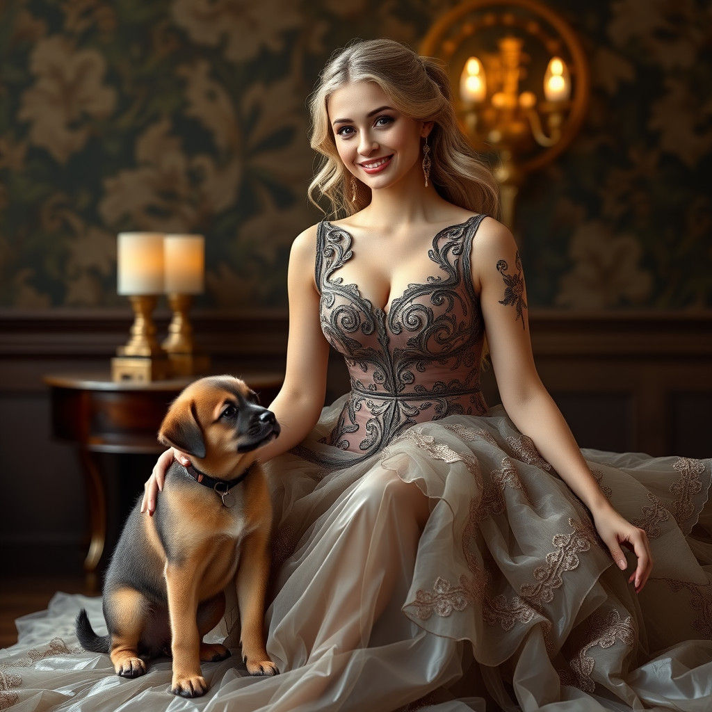 Hyperrealistic Woman with Puppy in Latex Dress