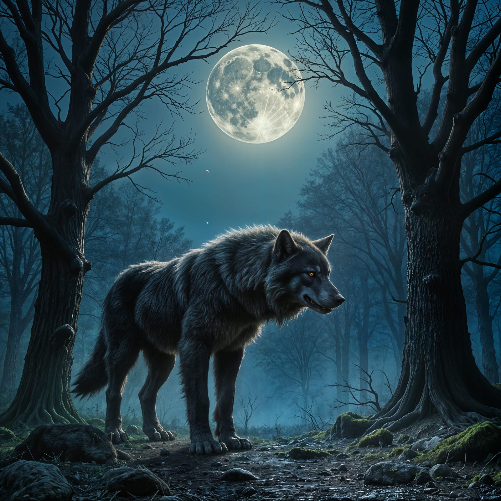 Werewolf in Forest Clearing Under Harvest Moon