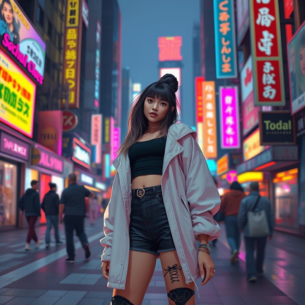 Woman in Neon Cityscape, Digital Art Style