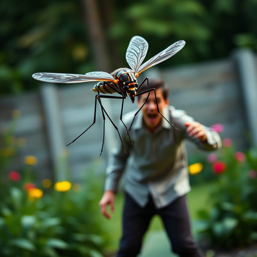 Furious Mosquito Attacks Human in Futuristic Garden