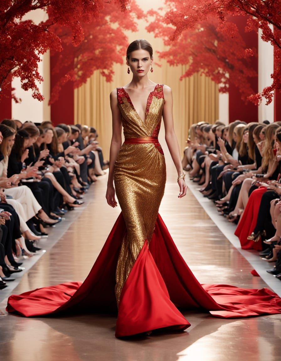 Glamorous Red and Gold Evening Gown on the Catwalk